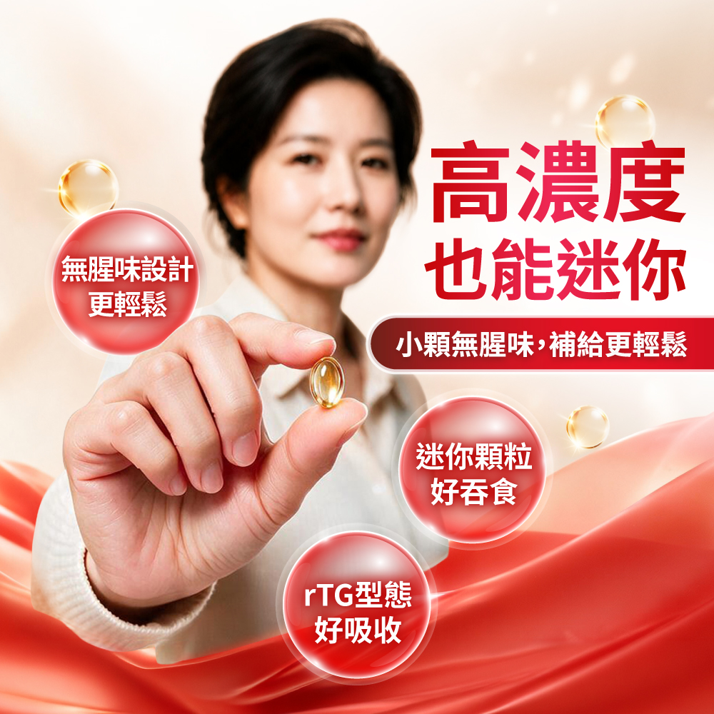 【高濃度也能超迷你，輕鬆好吞】徹底告別大顆難吞與魚腥味困擾！專利去味技術結合迷你 rTG 膠囊，讓每天補給變成輕鬆習慣。